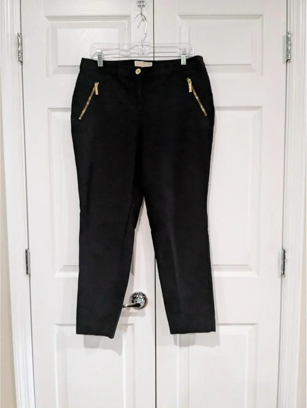 Michael Kors Women's Chino Pants Gold Zipper Pockets Black Size 12, Cotton Blend